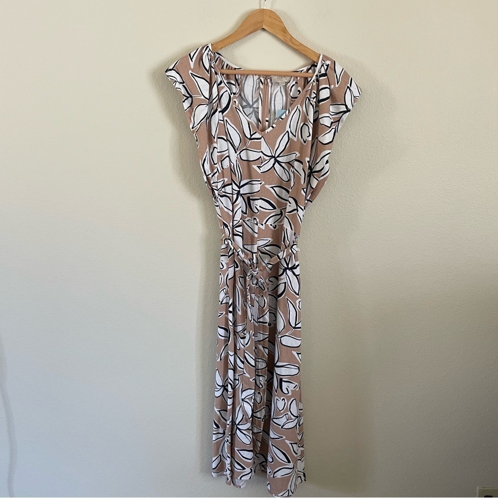 NWT Loft Outlet Linen Blend Floral Print Ivory Tan Navy Dress Size 14P